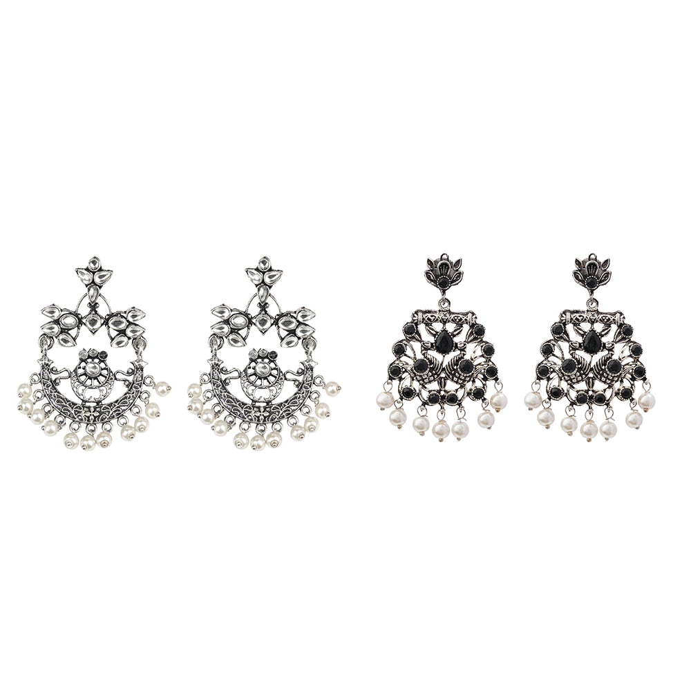 Carved Charm Dangler earrings (White) Peacock glow stone studded dangler earrings (Black) Combo set