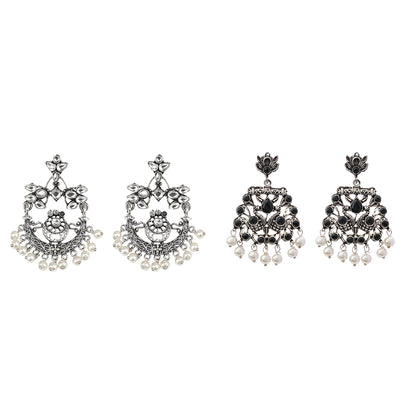 Carved Charm Dangler earrings (White) Peacock glow stone studded dangler earrings (Black) Combo set