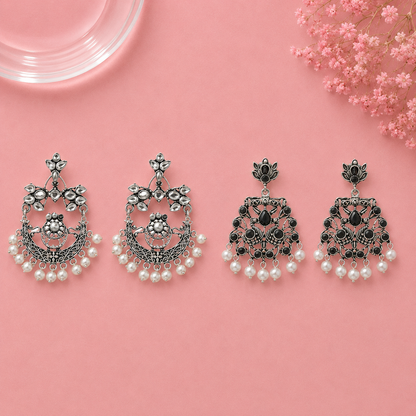 Carved Charm Dangler earrings (White) Peacock glow stone studded dangler earrings (Black) Combo set