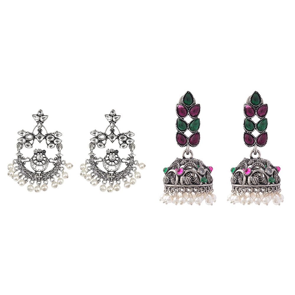 Carved Charm Dangler earrings (White) Leaf Cascade jhumki earrings (Multicolored) Combo set