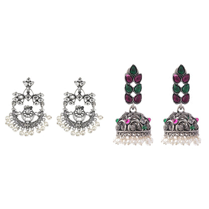 Carved Charm Dangler earrings (White) Leaf Cascade jhumki earrings (Multicolored) Combo set