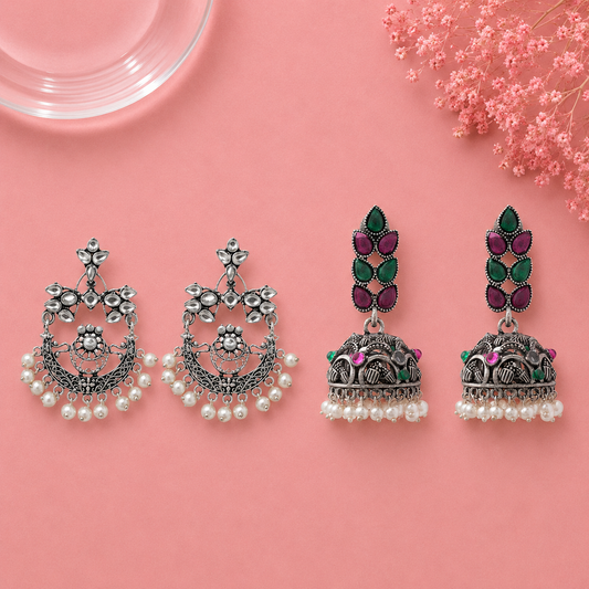 Carved Charm Dangler earrings (White) Leaf Cascade jhumki earrings (Multicolored) Combo set