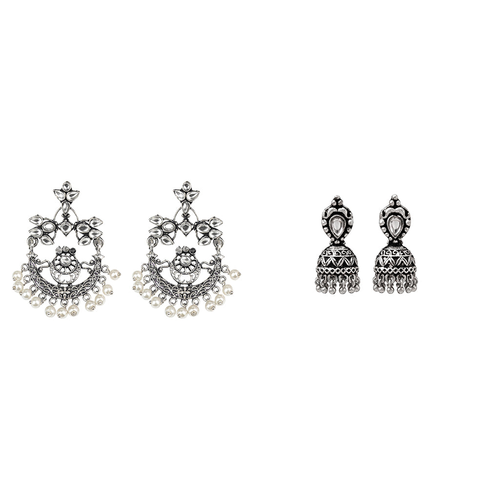Carved Charm Dangler earrings (White) Jharokha stone studded jhumki earring (White) Combo set