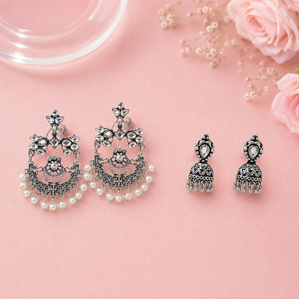 Carved Charm Dangler earrings (White) Jharokha stone studded jhumki earring (White) Combo set