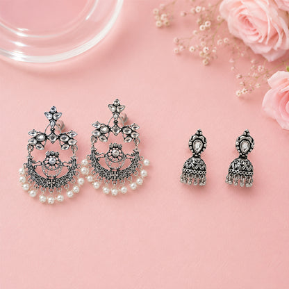 Carved Charm Dangler earrings (White) Jharokha stone studded jhumki earring (White) Combo set