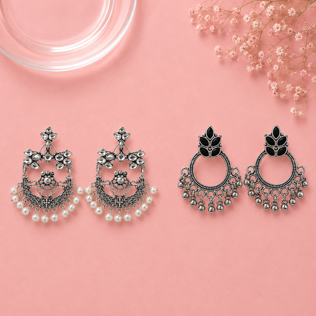 Carved Charm Dangler earrings (White) Fine Shine stud earrings (Black) Combo set