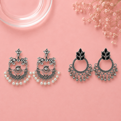 Carved Charm Dangler earrings (White) Fine Shine stud earrings (Black) Combo set