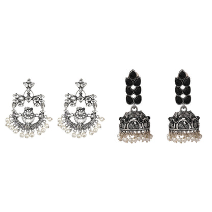 Carved Charm Dangler earrings (White) Leaf Cascade jhumki earrings (Black) Combo set