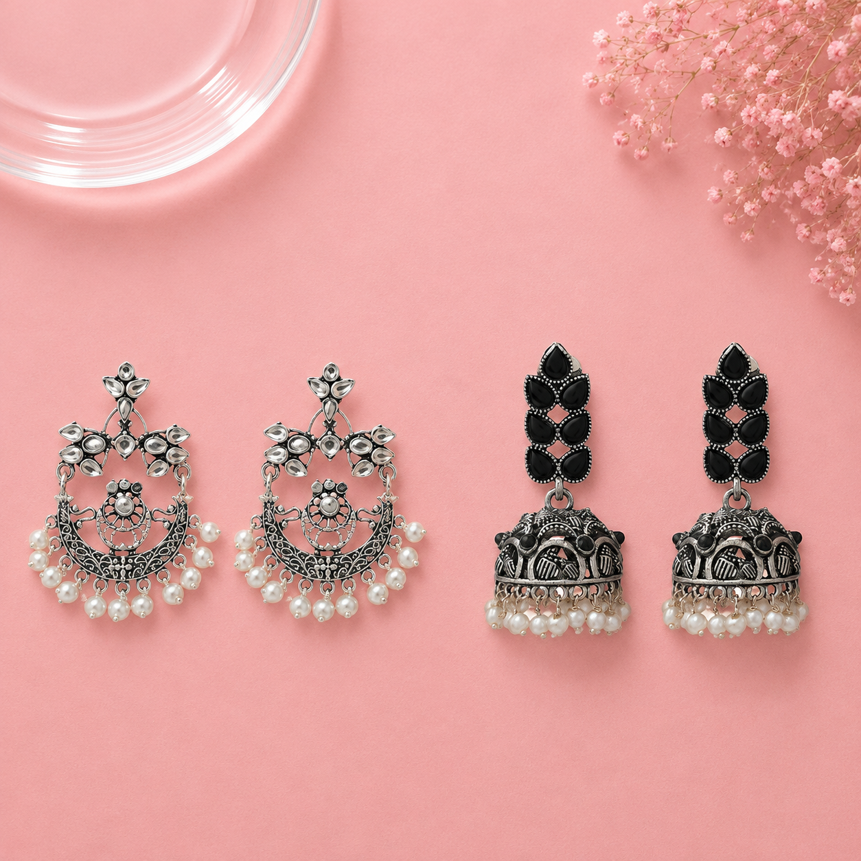 Carved Charm Dangler earrings (White) Leaf Cascade jhumki earrings (Black) Combo set