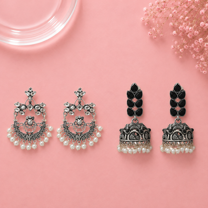 Carved Charm Dangler earrings (White) Leaf Cascade jhumki earrings (Black) Combo set