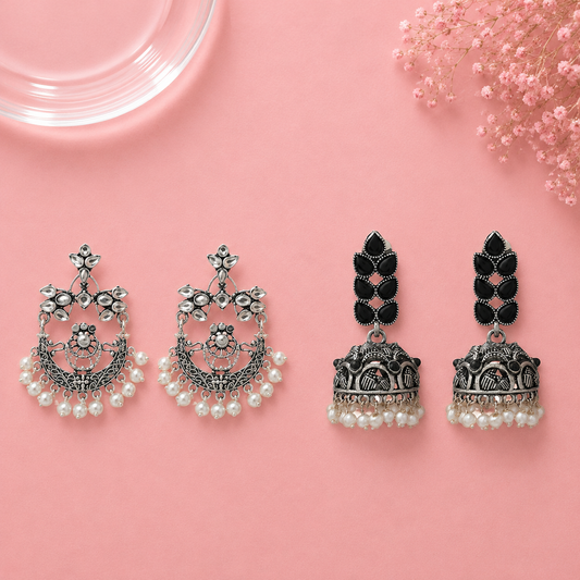 Carved Charm Dangler earrings (White) Leaf Cascade jhumki earrings (Black) Combo set