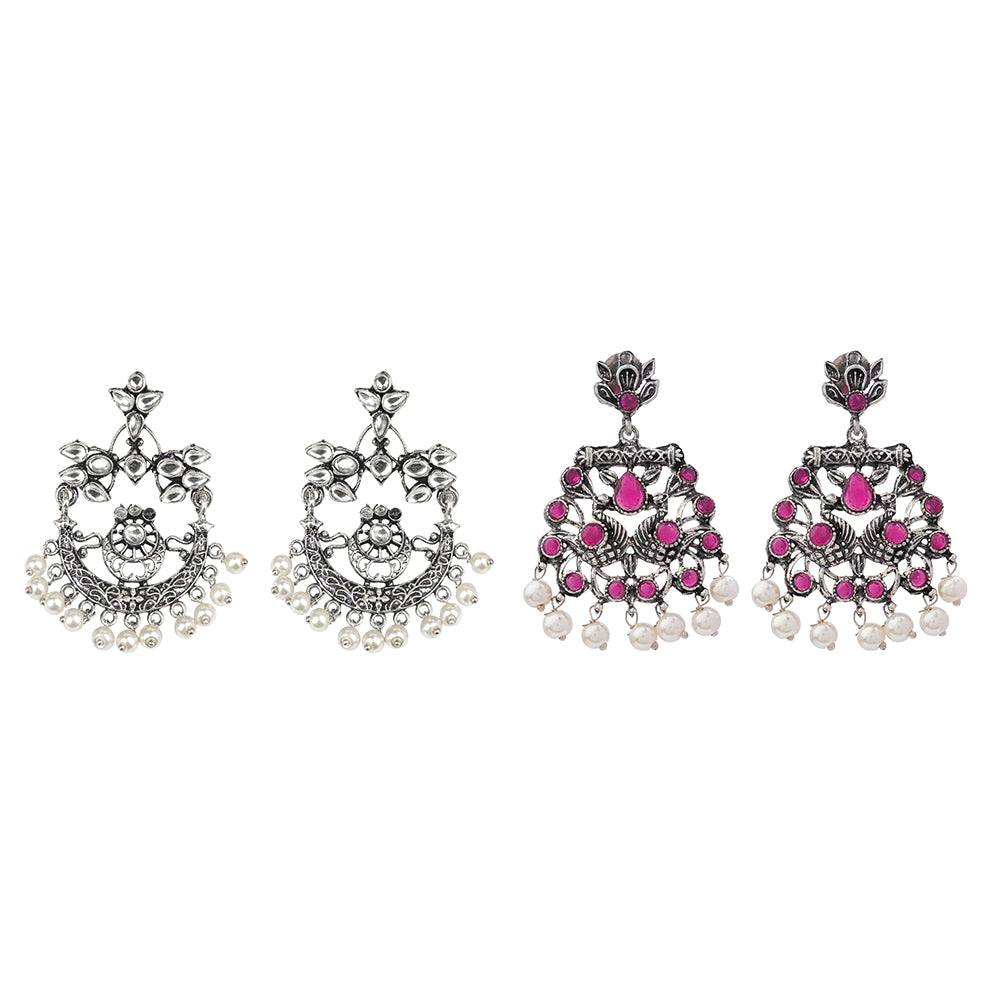 Carved Charm Dangler earrings (White) Peacock glow stone studded dangler earrings (Red) Combo set