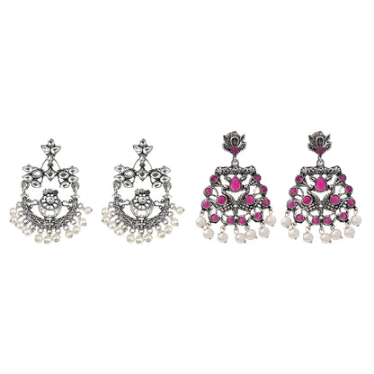 Carved Charm Dangler earrings (White) Peacock glow stone studded dangler earrings (Red) Combo set