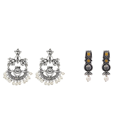 Carved Charm Dangler earrings (White) Wonderful wildflower oxidised stud earrings (Yellow) Combo set