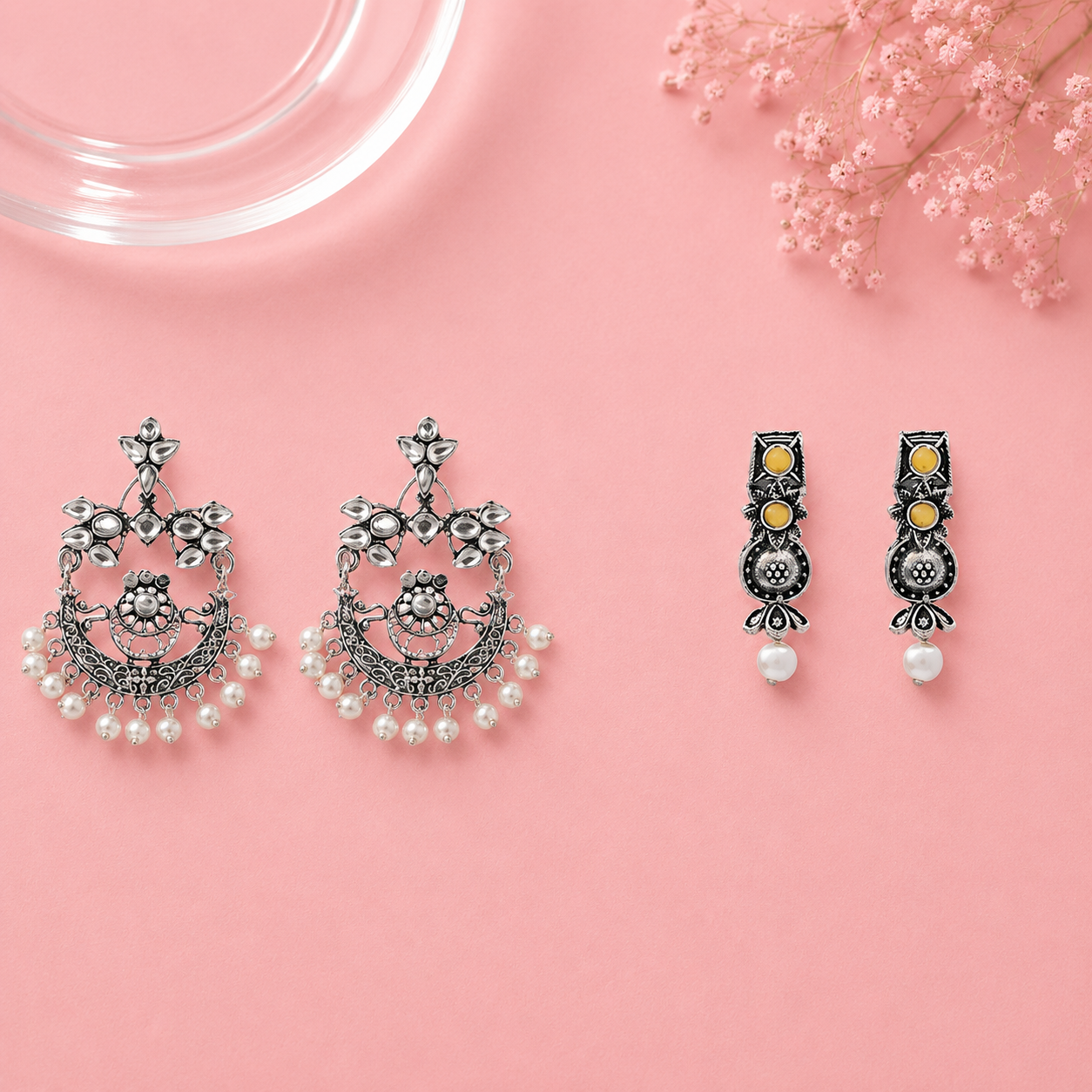 Carved Charm Dangler earrings (White) Wonderful wildflower oxidised stud earrings (Yellow) Combo set