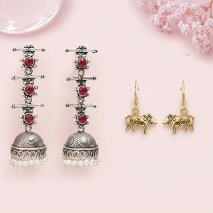 Royal Triple Bell Layered Jhumka Earring (Dark Maroon) piggy dangler earrings Combo set