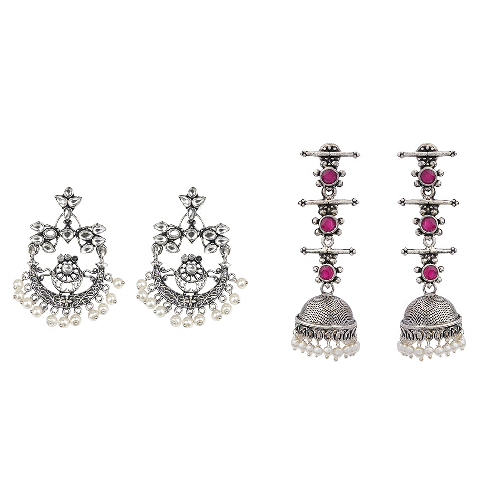 Carved Charm Dangler earrings (White) Royal Triple Bell Layered Jhumka Earring (Red) Combo set