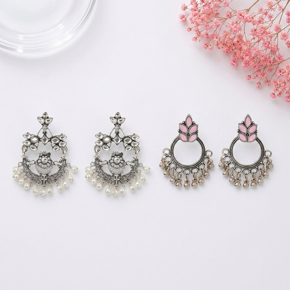 Carved Charm Dangler earrings (White) Fine Shine stud earrings (Baby Pink) Combo set