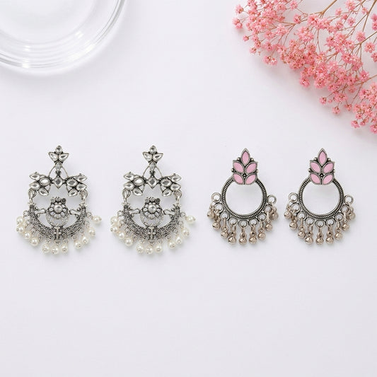 Carved Charm Dangler earrings (White) Fine Shine stud earrings (Baby Pink) Combo set