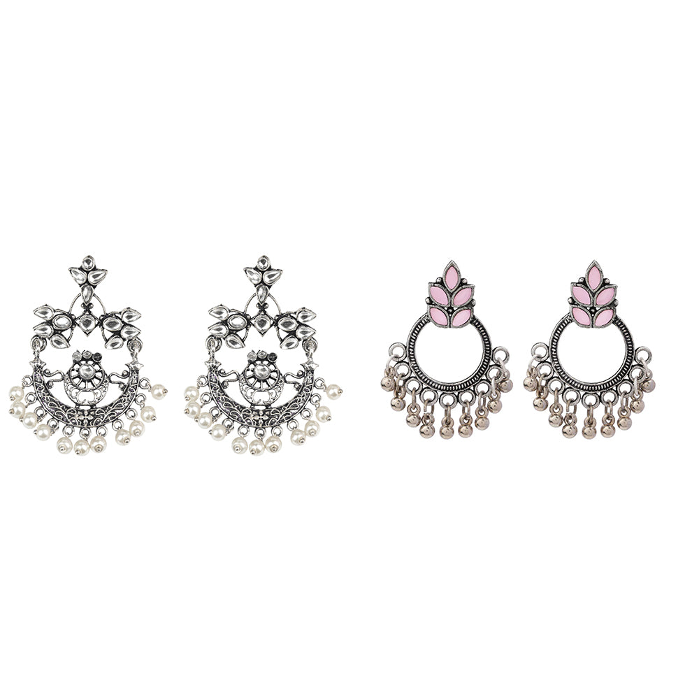 Carved Charm Dangler earrings (White) Fine Shine stud earrings (Baby Pink) Combo set
