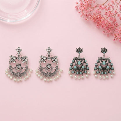 Carved Charm Dangler earrings (White) Peacock glow stone studded dangler earrings (Mint) Combo set