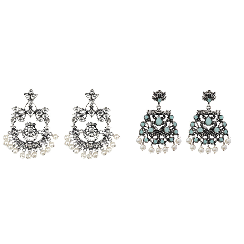 Carved Charm Dangler earrings (White) Peacock glow stone studded dangler earrings (Mint) Combo set