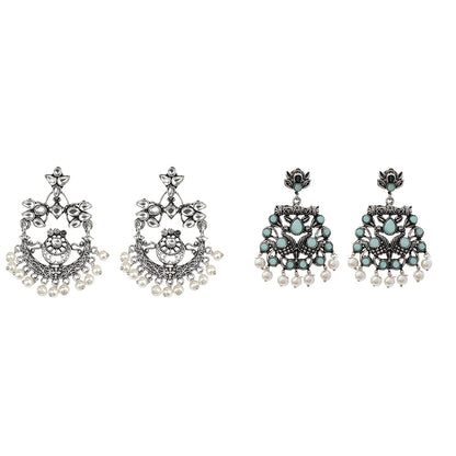 Carved Charm Dangler earrings (White) Peacock glow stone studded dangler earrings (Mint) Combo set