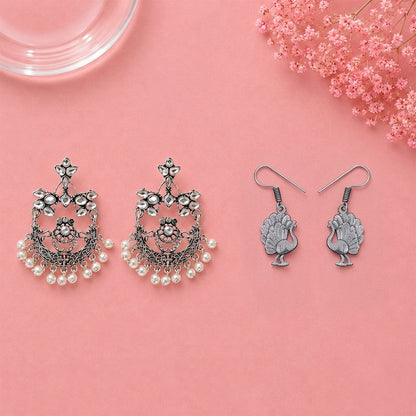 Carved Charm Dangler earrings (White) Peacock royale dangler earrings (Silver) Combo set