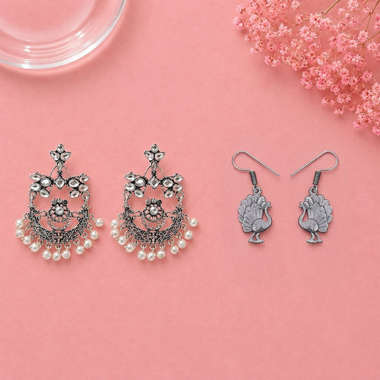 Carved Charm Dangler earrings (White) Peacock royale dangler earrings (Silver) Combo set