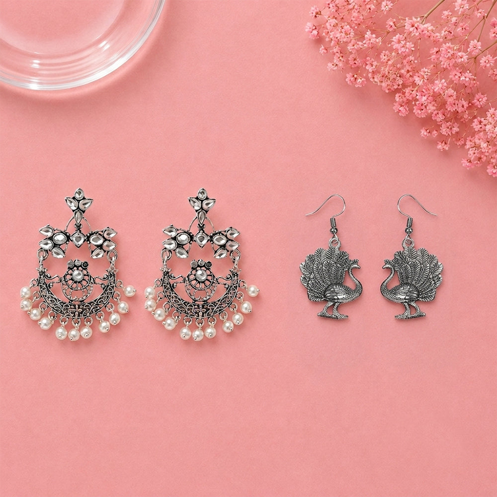 Carved Charm Dangler earrings (White) Morni jhumki dangler earrings (Silver) Combo set