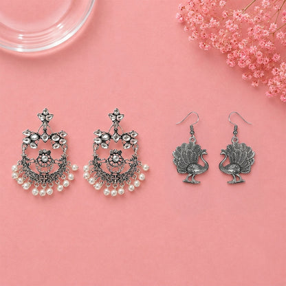 Carved Charm Dangler earrings (White) Morni jhumki dangler earrings (Silver) Combo set