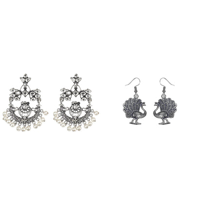 Carved Charm Dangler earrings (White) Morni jhumki dangler earrings (Silver) Combo set