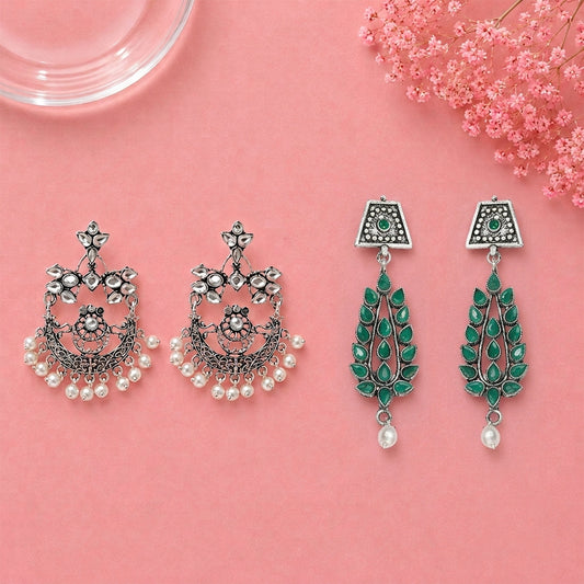 Carved Charm Dangler earrings (White) Precious Petal stone studded dangler earring (Green) Combo set