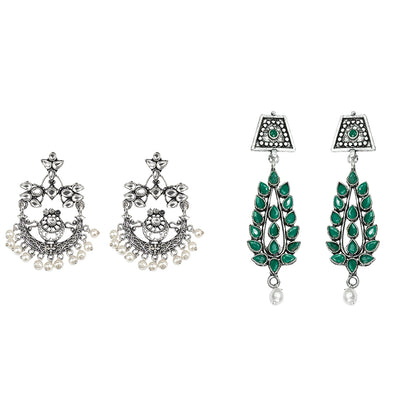 Carved Charm Dangler earrings (White) Precious Petal stone studded dangler earring (Green) Combo set