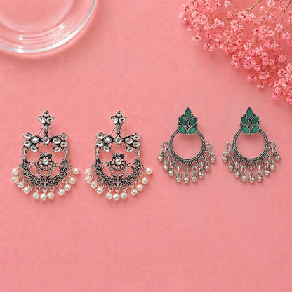 Carved Charm Dangler earrings (White) Fine Shine stud earrings (Green) Combo set