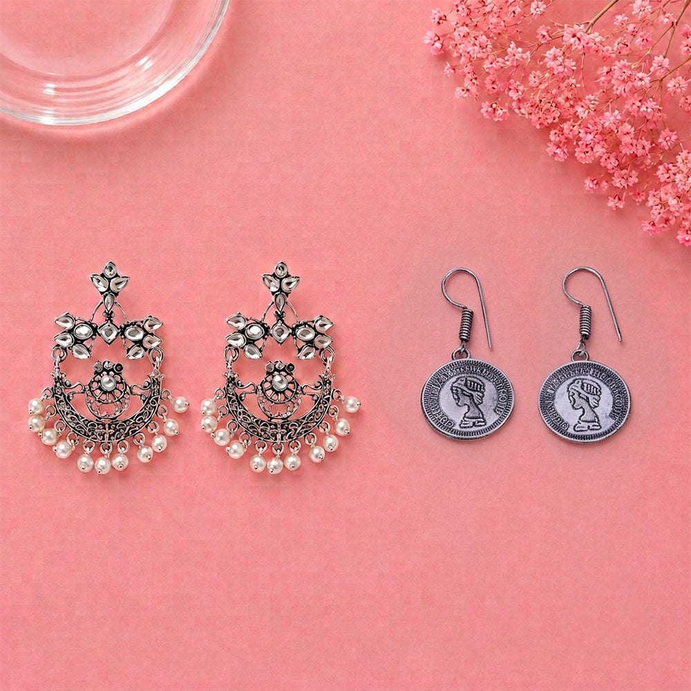 Carved Charm Dangler earrings (White) Crown Jewel dangler earrings (Silver) Combo set