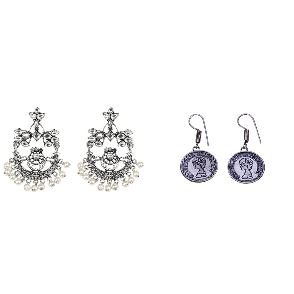 Carved Charm Dangler earrings (White) Crown Jewel dangler earrings (Silver) Combo set