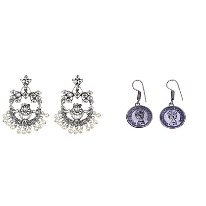 Carved Charm Dangler earrings (White) Crown Jewel dangler earrings (Silver) Combo set