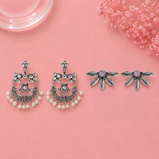 Carved Charm Dangler earrings (White) Crescent Bloom Oxidised Studs - Baby Pink Combo set