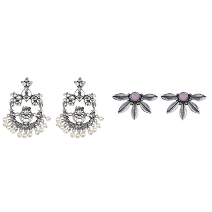 Carved Charm Dangler earrings (White) Crescent Bloom Oxidised Studs - Baby Pink Combo set