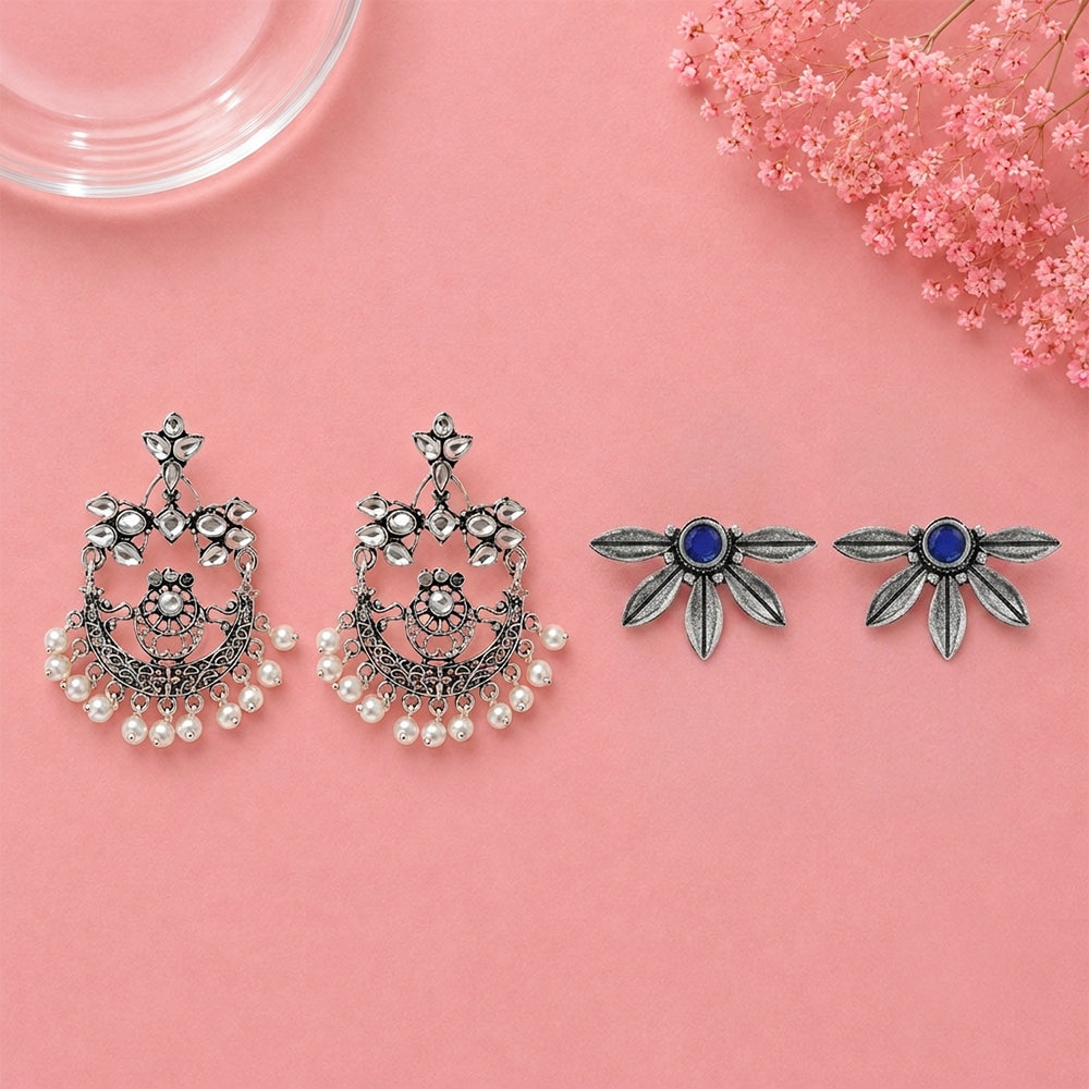 Carved Charm Dangler earrings (White) Crescent Bloom Oxidised Studs - Blue Combo set