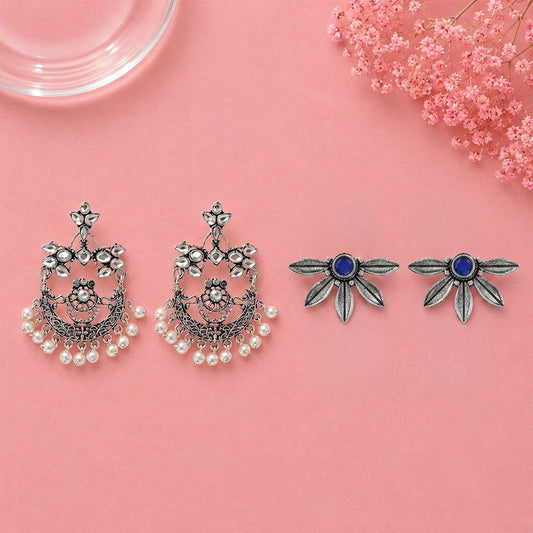 Carved Charm Dangler earrings (White) Crescent Bloom Oxidised Studs - Blue Combo set