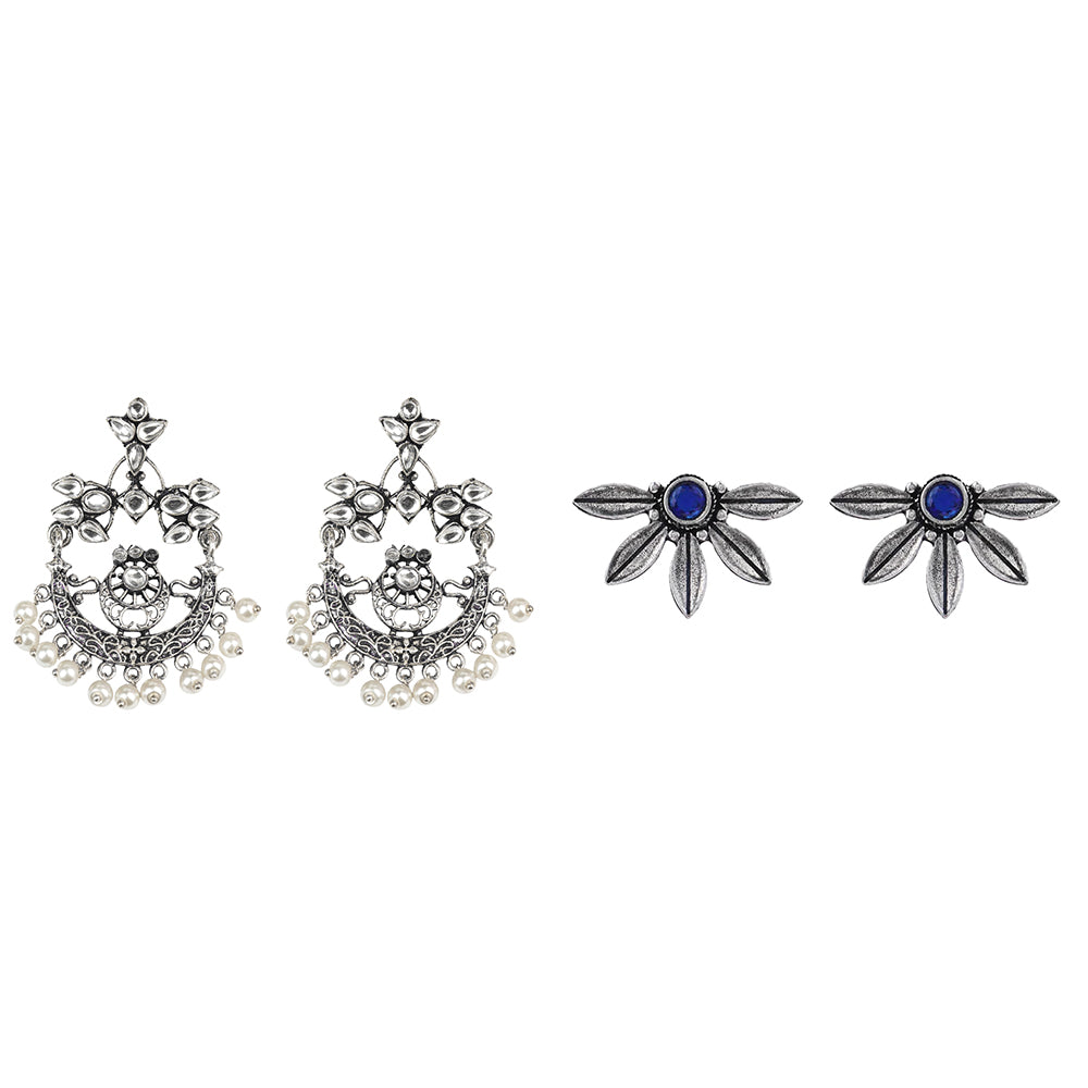 Carved Charm Dangler earrings (White) Crescent Bloom Oxidised Studs - Blue Combo set
