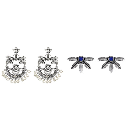 Carved Charm Dangler earrings (White) Crescent Bloom Oxidised Studs - Blue Combo set