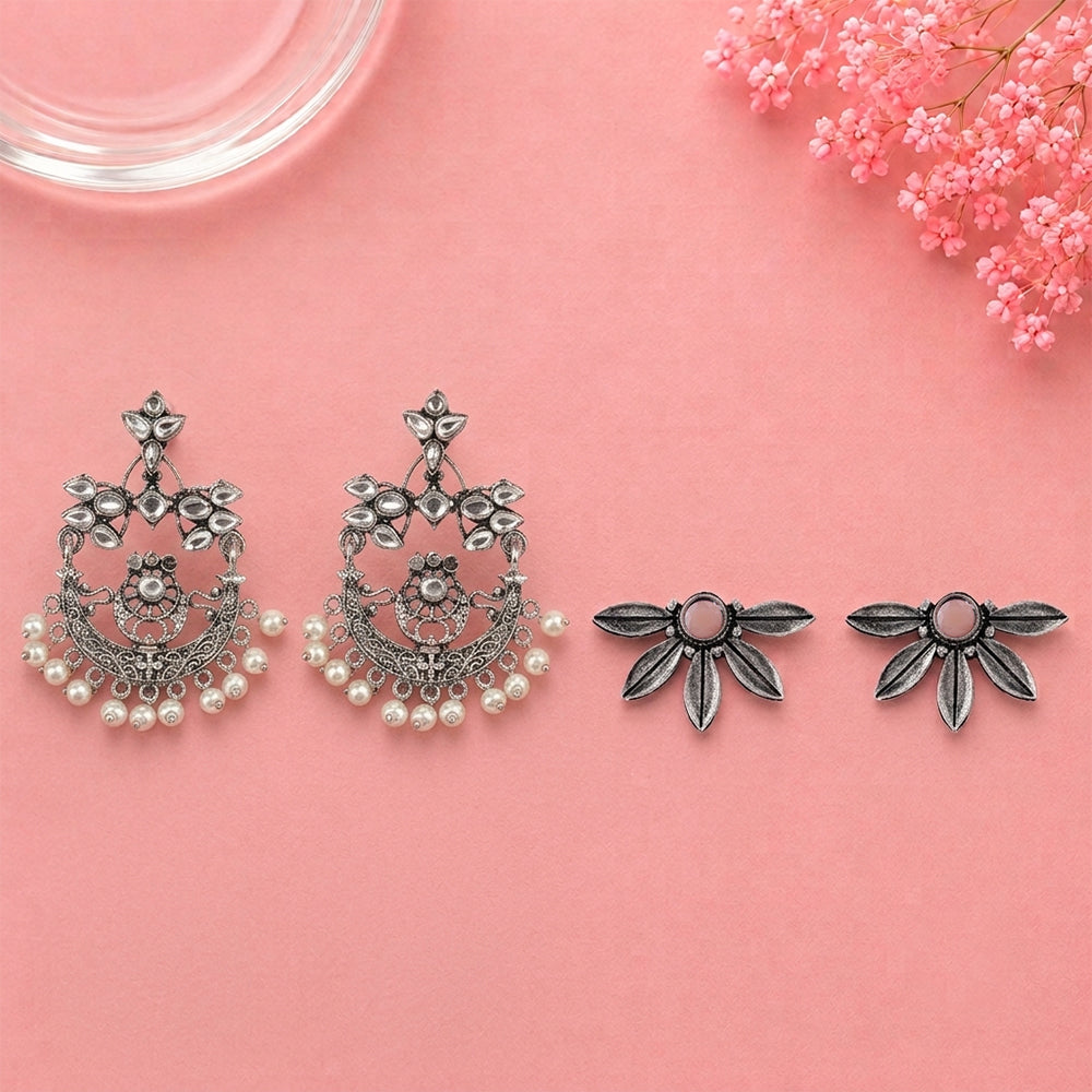 Carved Charm Dangler earrings (White) Crescent Bloom Oxidised Studs - Light Orange Combo set