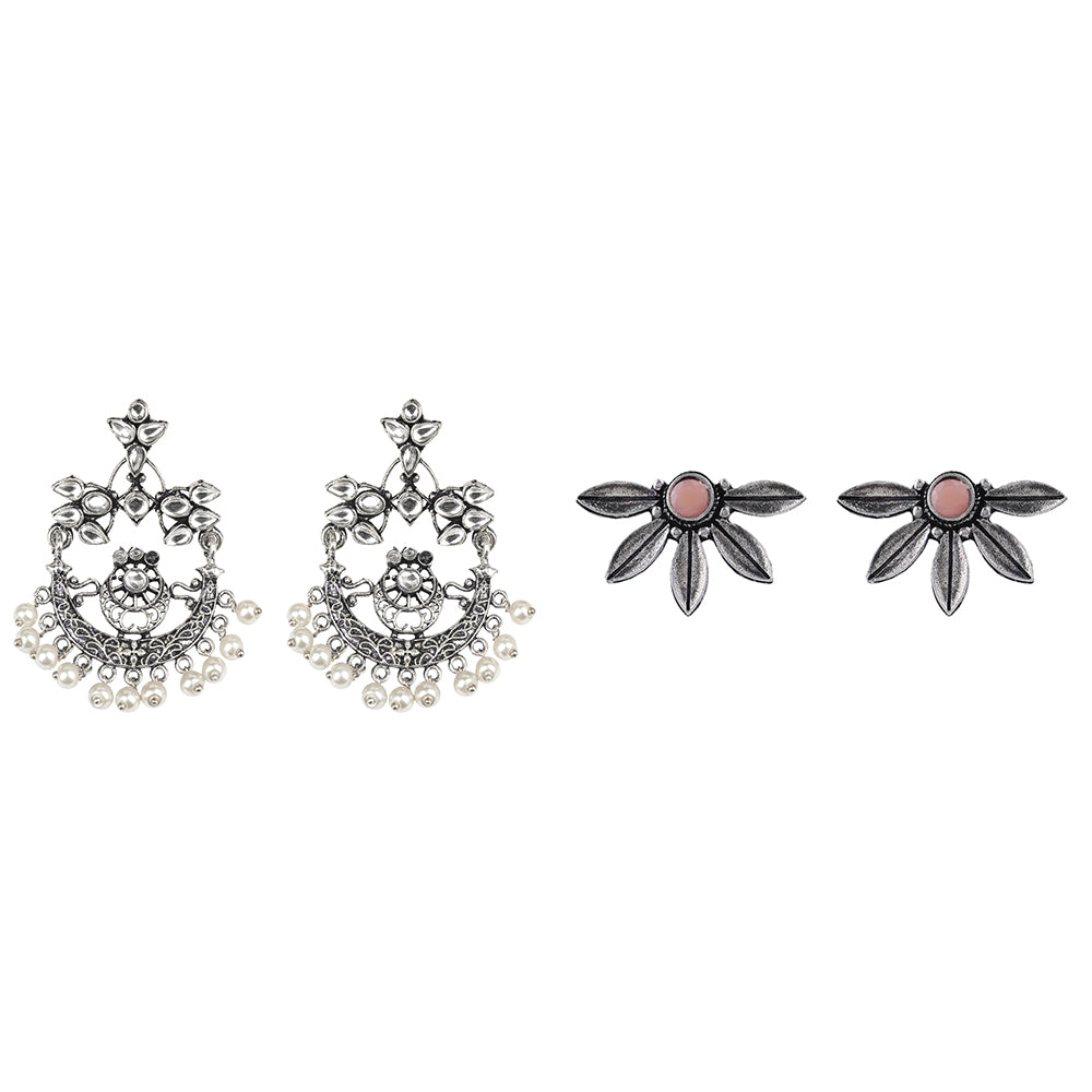 Carved Charm Dangler earrings (White) Crescent Bloom Oxidised Studs - Light Orange Combo set