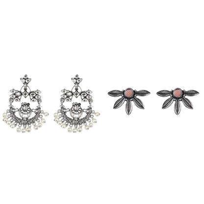 Carved Charm Dangler earrings (White) Crescent Bloom Oxidised Studs - Light Orange Combo set