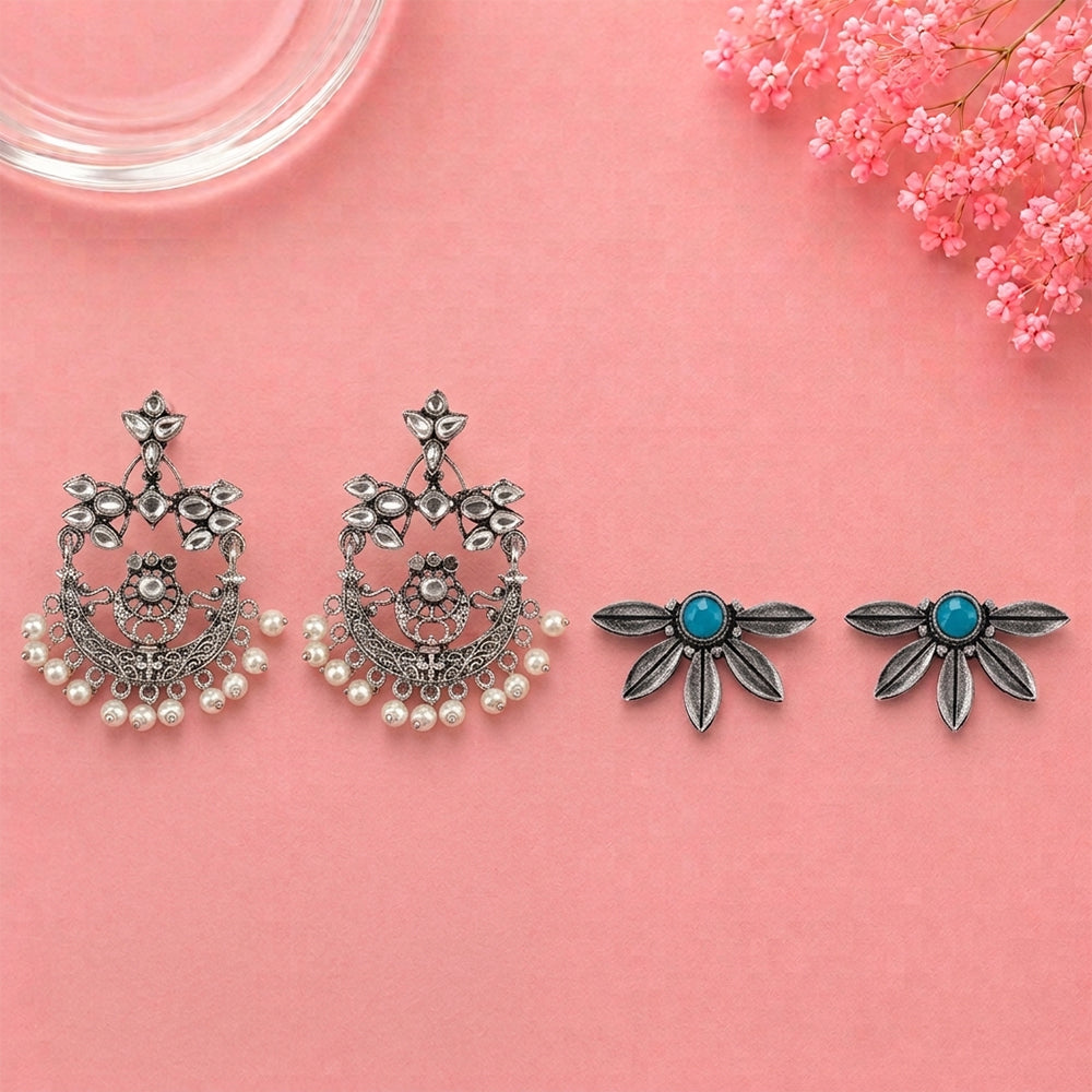 Carved Charm Dangler earrings (White) Crescent Bloom Oxidised Studs - Sky Blue Combo set
