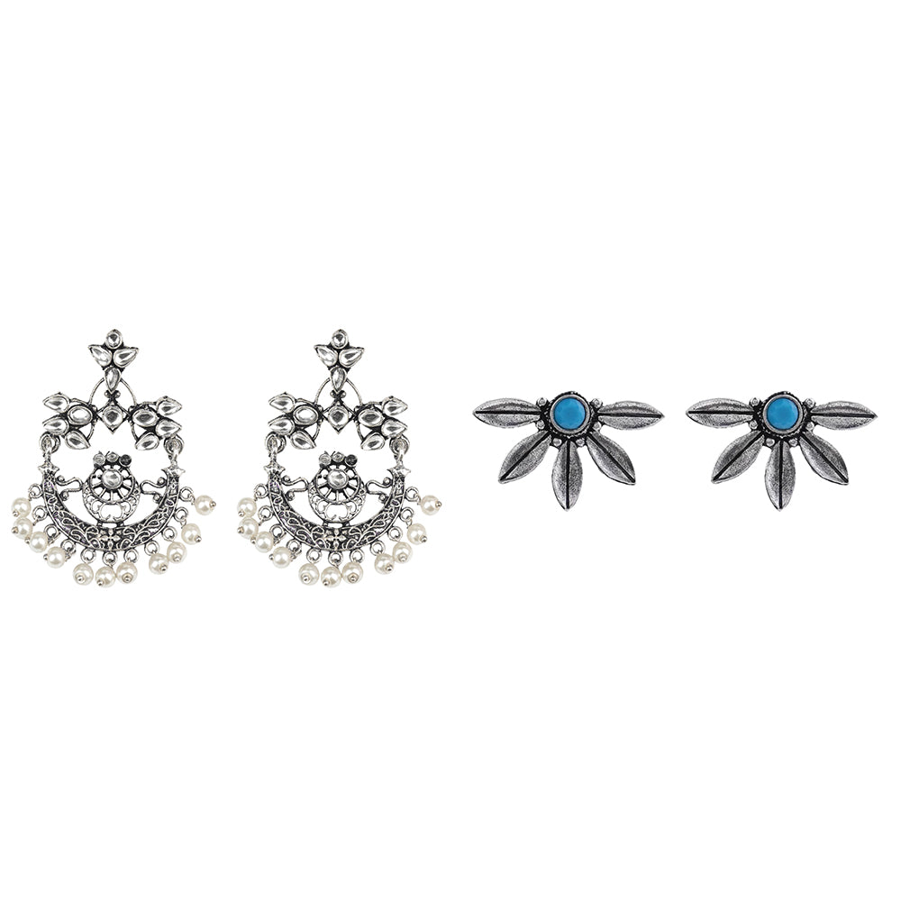 Carved Charm Dangler earrings (White) Crescent Bloom Oxidised Studs - Sky Blue Combo set