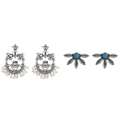 Carved Charm Dangler earrings (White) Crescent Bloom Oxidised Studs - Sky Blue Combo set